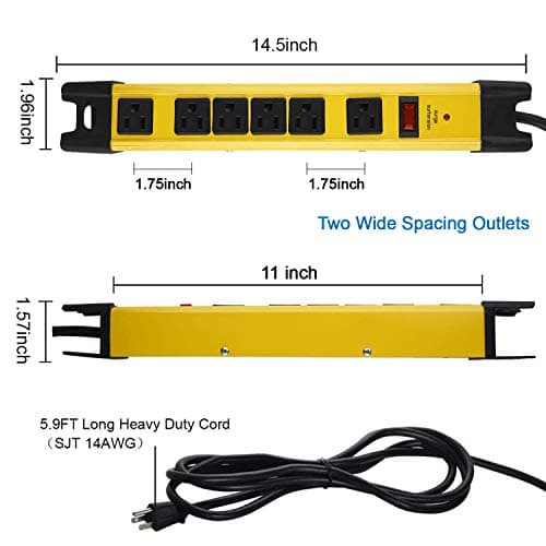 CCCI Heavy Duty 15A 6-Outlet Metal Power Strip, 1200 Joules Surge Protector, Yellow