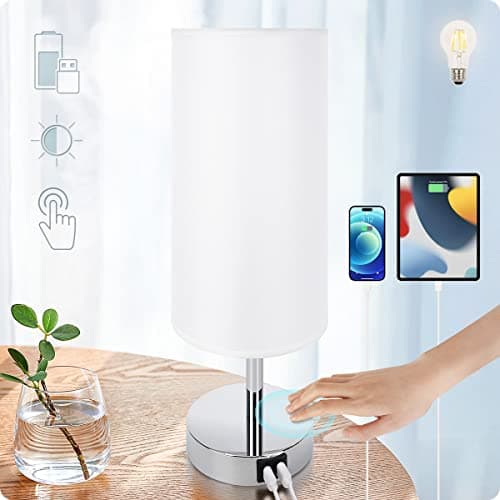 Yarra-Decor Touch-Control Bedside Table Lamp with USB, 3-Way Dimmable, Round Fabric Shade — White
