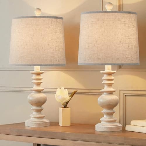 BOBOMOMO 20.5" Farmhouse Resin Side Table Lamp for Bedrooms & Living Room — 2 Pack Antique White