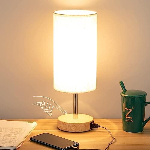 Yarra-Decor Touch-Control Bedside Table Lamp with USB, 3-Way Dimmable, Round Fabric Shade