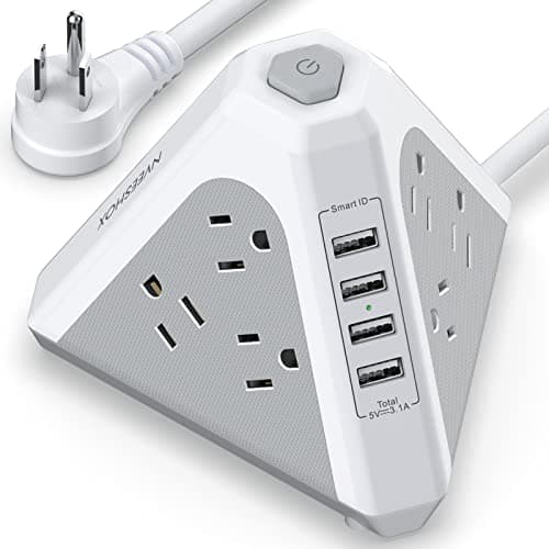 NVueShox Power Strip Tower, 9 AC & 4 USB, 6.5 Ft Cord, Surge Protector, Wood Grain — White Gray+6.5 FT