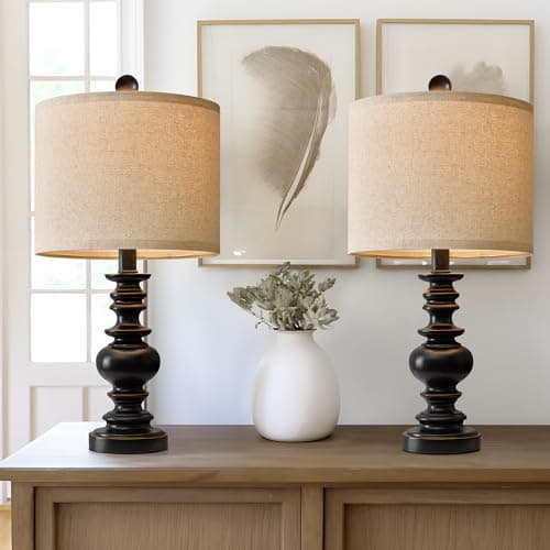 BOBOMOMO 20.5" Farmhouse Resin Side Table Lamp for Bedrooms & Living Room — 2 Pack Black