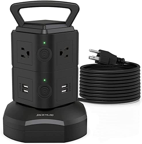 JACKYLED Power Strip Tower Surge Protector 6.5ft Extension 6 USB 12 AC Outlets Home Office Desktop — Black