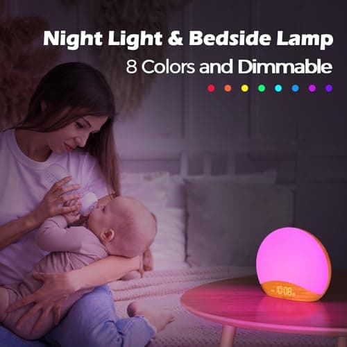 REACHER Wood Grain Sunrise Alarm Clock & Sound Machine, Digital Dimmable, 26 Sleep Sounds White Noise Machine