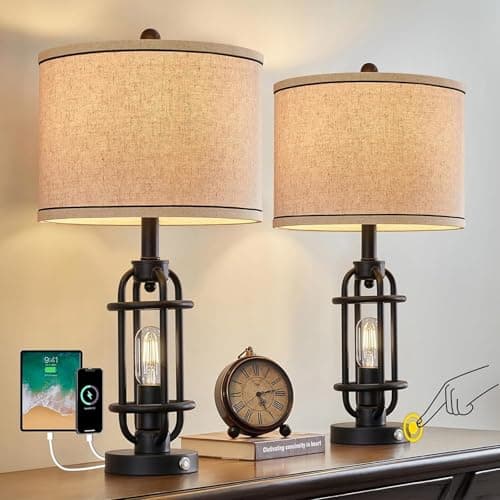 23.75" Industrial Black Metal Living Room Table Lamp Set of 2 Bedside Touch Lamps with USB