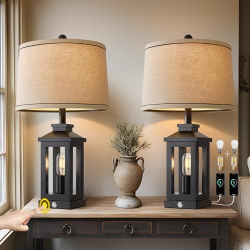 23.75" Vintage Modern Farmhouse Lamp with Touch Dimming & USB Ports for Living Room/Bedroom — Black - Set of Two