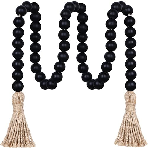 Meplait Natural Wood Bead Garland with Tassels, Boho Farmhouse Wall Hanging — Black
