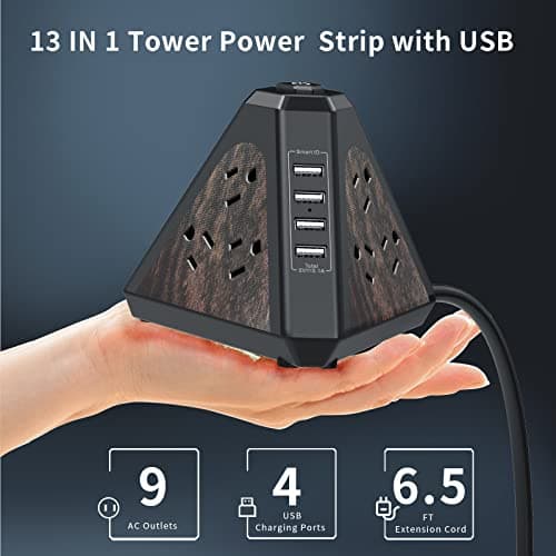 NVueShox Power Strip Tower, 9 AC & 4 USB, 6.5 Ft Cord, Surge Protector, Wood Grain