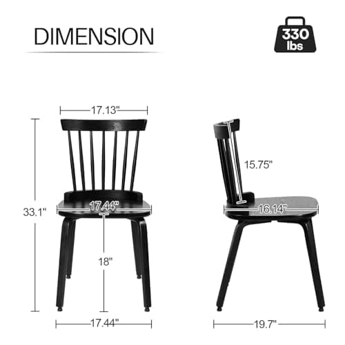 Black Wood Windsor Dining Chair Set, Farmhouse Spindle Back, Mid-Century Modern, Kitchen & Living Room