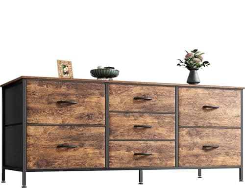 7-Drawer Dresser & 43-55 TV Stand, Wide Fabric Chest, Charcoal Grain — Rustic Brown