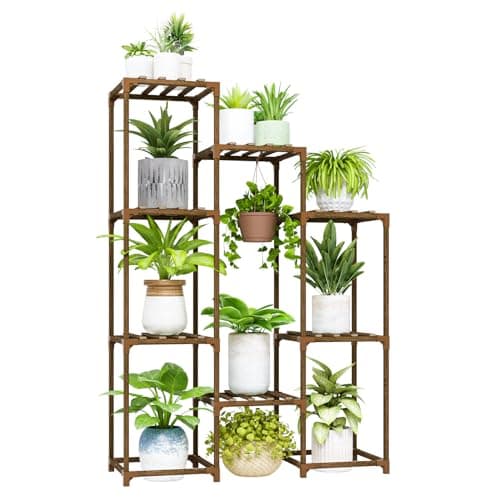 Bamworld Brown Wood Flower Stand for Multiple Plants Outdoor Indoor Living Room Patio Balcony Garden Decor — Brown-7 Pots