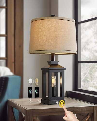 23.75" Vintage Modern Farmhouse Lamp with Touch Dimming & USB Ports for Living Room/Bedroom — Black