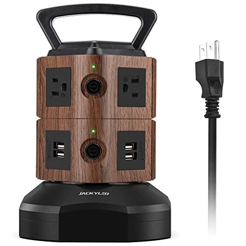 JACKYLED Power Strip Tower Surge Protector 6.5ft Extension 6 USB 12 AC Outlets Home Office Desktop — Walnut and Black