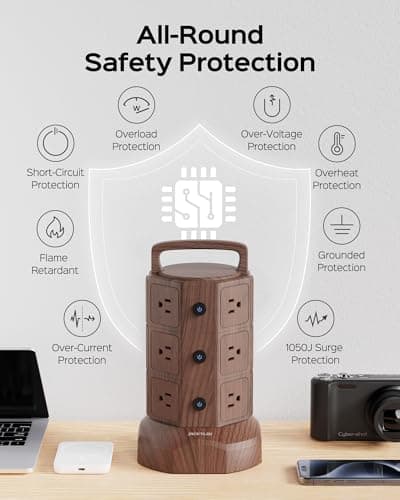 JACKYLED Power Strip Tower Surge Protector 6.5ft Extension 6 USB 12 AC Outlets Home Office Desktop