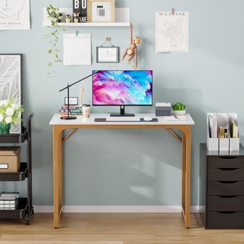 Modern Home Office Gaming Desk for Small Spaces, White Gold