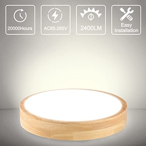 12 Inch 24W Wood Flush Mount Ceiling Light for Bedroom, Kitchen & Hallway, Natural White 4500K