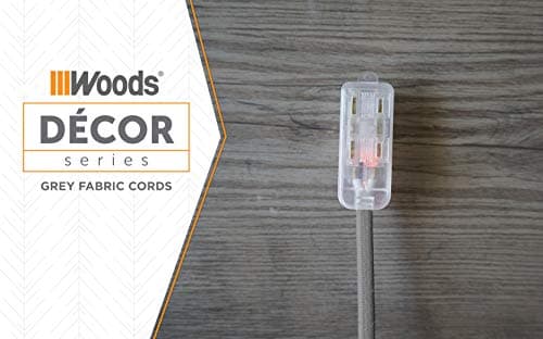 Woods Decor Series 8-Foot Fabric Braided Extension Cord, Lighted Ends, 3 Outlets, Right Angle Plug, 125V, Grey