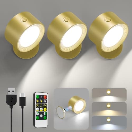 Rechargeable 3-Pc LED Wall Sconces with Remote Control & Dimming — Gold-3 Color Temp Light