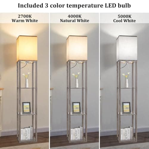 Rustic Wood Corner Floor Lamp with Shelves for Living Room and Bedroom Home Decor