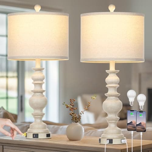 27" Rustic Farmhouse Dimmable Touch Table Lamp Set of 2 with USB Ports — Beige