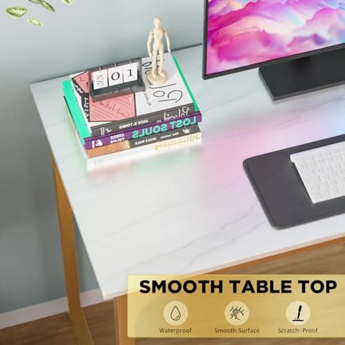 Modern Home Office Gaming Desk for Small Spaces, White Gold