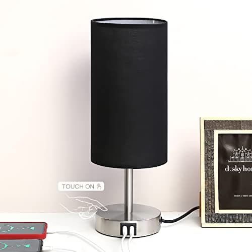 Yarra-Decor Touch-Control Bedside Table Lamp with USB, 3-Way Dimmable, Round Fabric Shade — Black2