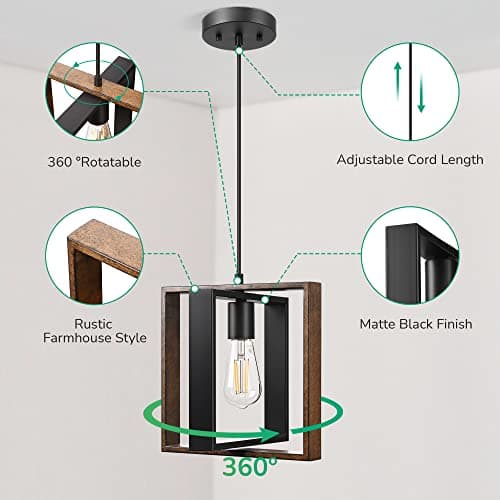 EDISHINE Farmhouse Pendant Light, Rustic Wood Grain & Black Finish, Adjustable Cord Kitchen Island Dining Room Hallway