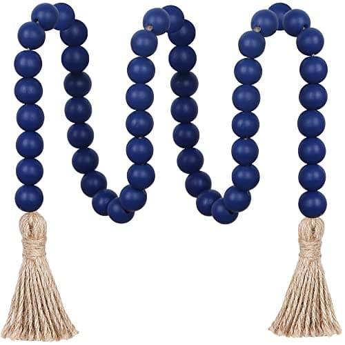 Meplait Natural Wood Bead Garland with Tassels, Boho Farmhouse Wall Hanging — Navy Blue