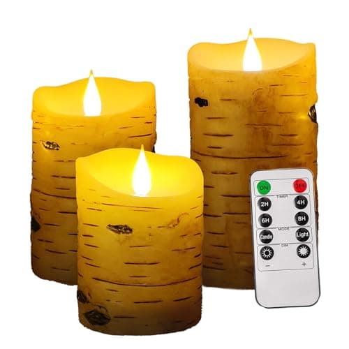 Niceme Real Wax Flameless Pine Bark Candles Set of 3 with Remote Timer — Birch Bark Candles