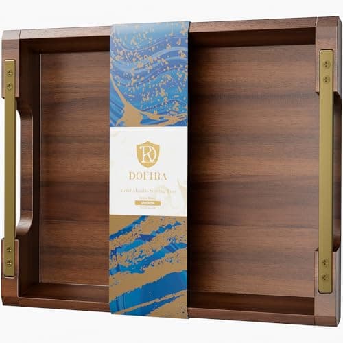 Acacia Wood Serving Tray with Metal Handles, 17x13in, Rustic Decorative Kitchen Gift