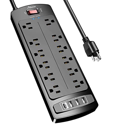 ALESTOR 12-Outlet Surge Protector with 4 USB Ports, 6 Feet Black Extension Cord