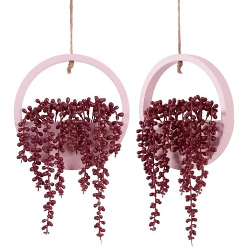 Floweroyal 2pcs Artificial Succulents Hanging Plants with 8.3'' Lanyard Pot Decor (Wood Color) — Type1-pink-2pcs