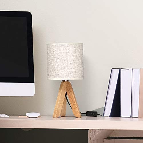 HAITRAL Wooden Tripod Nightstand Lamp with Fabric Shade - 13.4 Inches (Without Bulb)