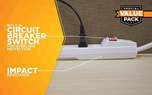 Power Strip with 6 Outlets, 2.5' Cord and Durable White Housing, 2-Pack