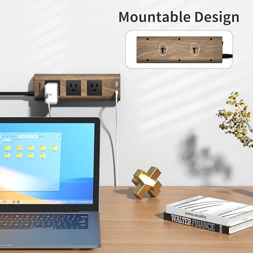 TOPREK 1800J Surge Protector Power Strip, 10 FT Thin Plug, 3 AC Outlets, 1 USB-C, 1 USB-A, Wood Finish