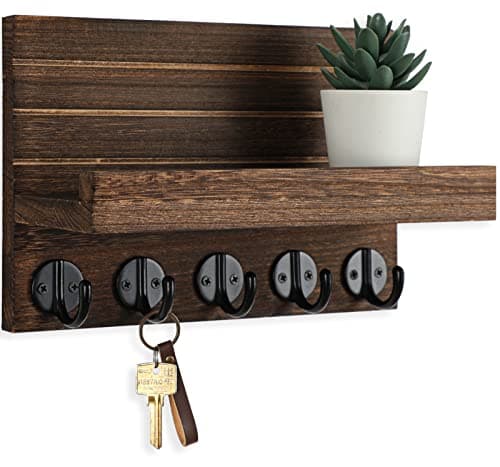 Paulownia Wood Wall Key Holder with Shelf and Hooks — Brown