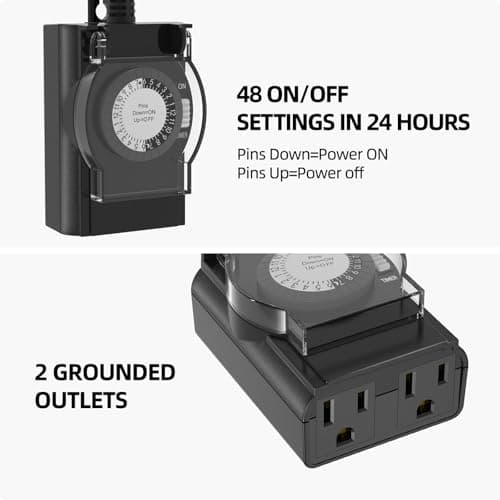 Heavy Duty Outdoor Timer with 2 Outlets, 24 Hour Waterproof Mechanical Light Timer