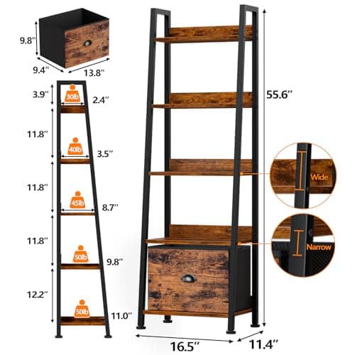 Furologee Rustic 5-Tier Ladder Shelf, Wood & Metal Storage Organizer