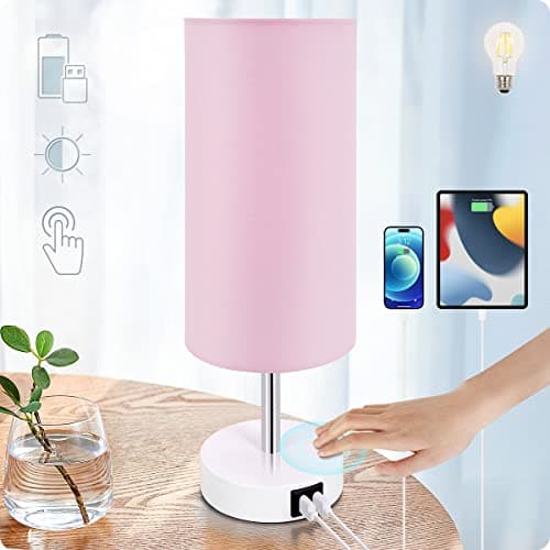 Yarra-Decor Touch-Control Bedside Table Lamp with USB, 3-Way Dimmable, Round Fabric Shade — Pink2