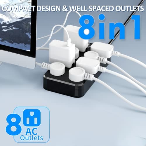 Outdoor Power Strip, Weatherproof and Waterproof Surge Protector with 8 Outlets for Outdoor Decorations