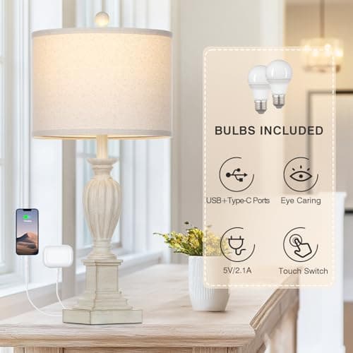 27" Rustic Farmhouse Dimmable Touch Table Lamp Set of 2 with USB Ports