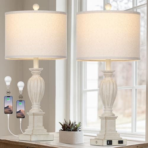 27" Rustic Farmhouse Dimmable Touch Table Lamp Set of 2 with USB Ports