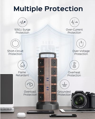 JACKYLED 1050J Surge Protector Tower, 20 AC Outlets, 6 USB Ports, Black Walnut