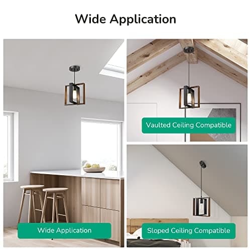 EDISHINE Farmhouse Pendant Light, Rustic Wood Grain & Black Finish, Adjustable Cord Kitchen Island Dining Room Hallway