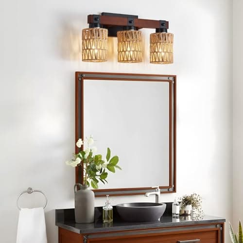 Rustic Farmhouse Wood Vanity Light, Handmade Bamboo Woven Basket Shade