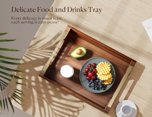 Acacia Wood Serving Tray with Metal Handles, 17x13in, Rustic Decorative Kitchen Gift