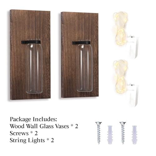 2 Pack Brown Wood Glass Wall Sconces for Living Room Hanging Vase