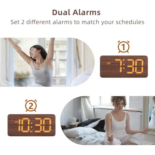 USCCE Wooden Digital Alarm Clock: Dimmable Dual Alarm with Large Numbers - Loud Alarm for Heavy Sleepers - Wood Decor