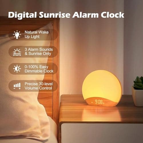 REACHER Wood Grain Sunrise Alarm Clock & Sound Machine, Digital Dimmable, 26 Sleep Sounds White Noise Machine