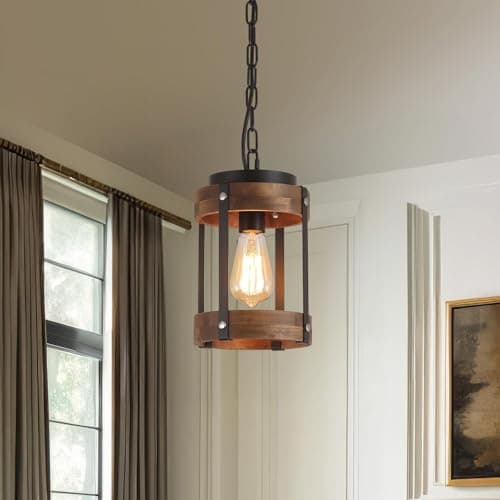 Rustic Oak Wood and Metal Pendant Light for Kitchen Island Sink Hallway, Black